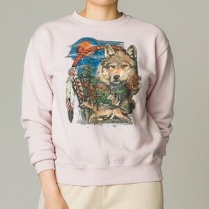 Vintage Pink Wolf Graphic Sweatshirt Sz S 90s Crew Neck Cotton Tribal Print‎ Y2K